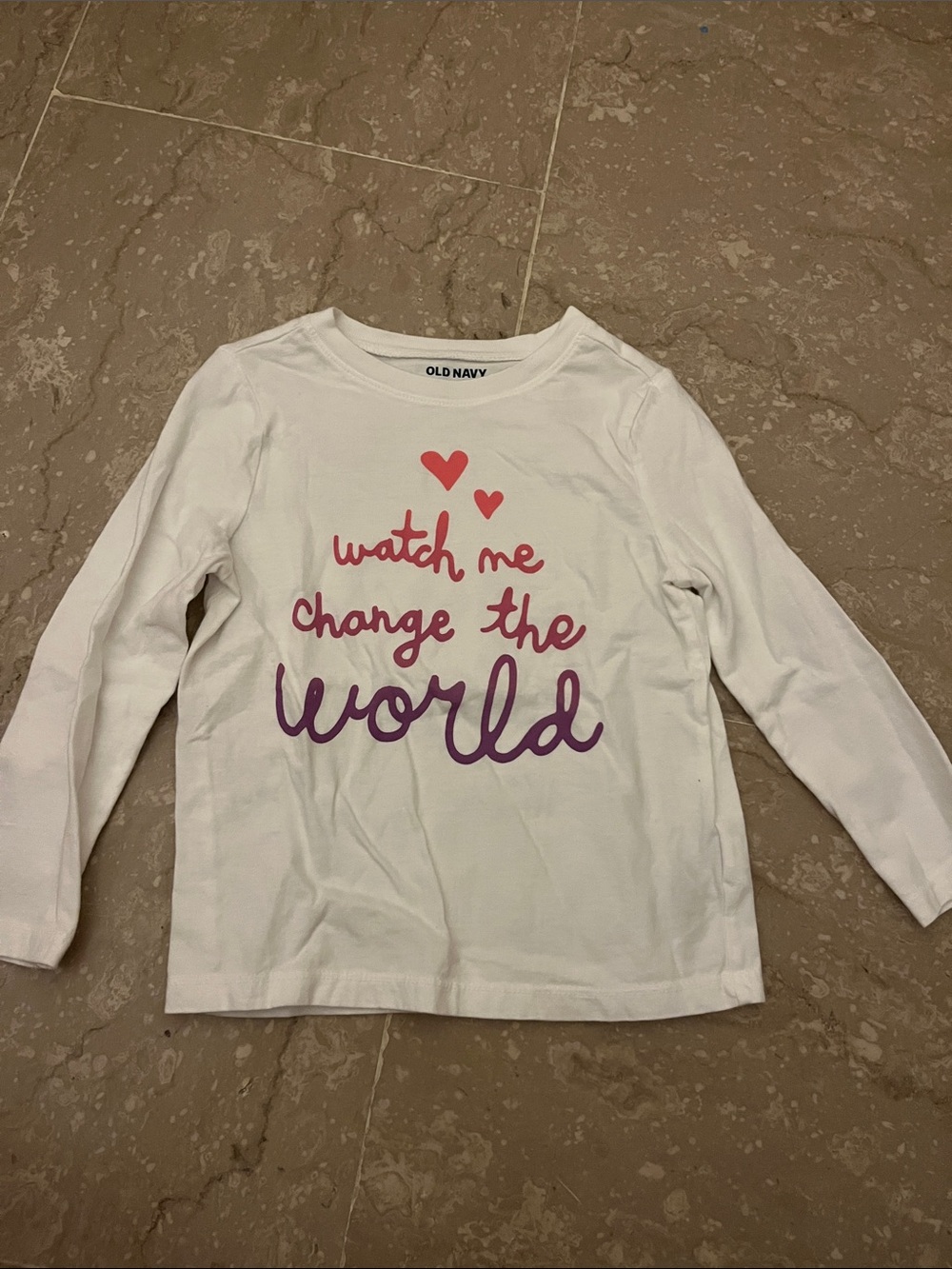 Old Navy White Long-Sleeve Tee with Pink & Purple Script Graphic